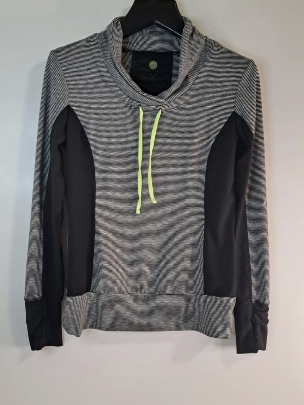 Women's Gray Striped Cowl Neck Pullover with Neon Drawstring